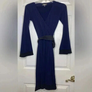 Woman HUMINSKA Navy Blue Black V-neck L/s Faux Wrap Dress Sz 0 EUC Designer $450